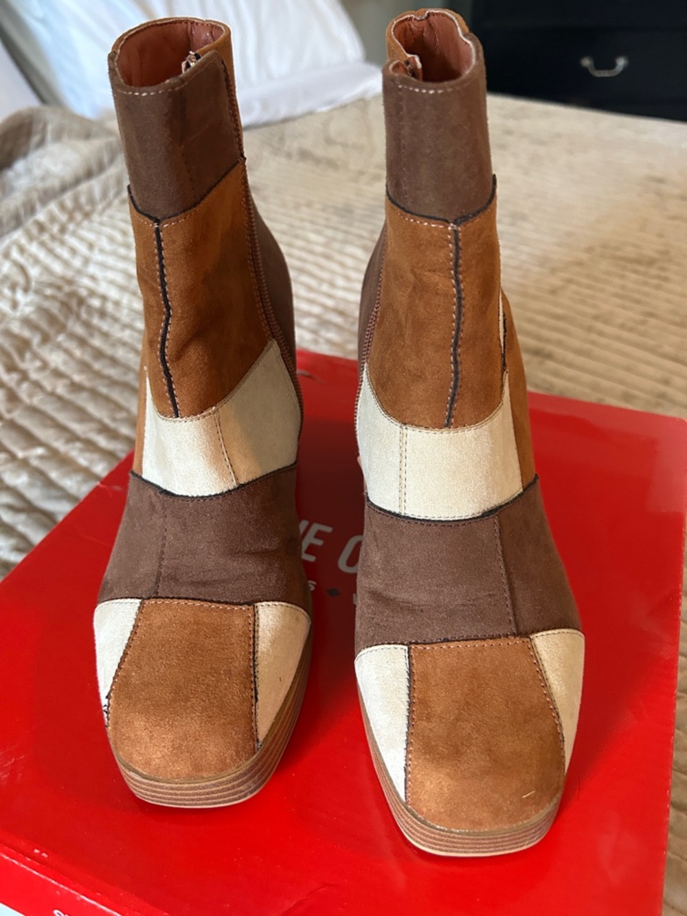 True Craft Patchwork Suede Ankle Boots - Brown & Cream
